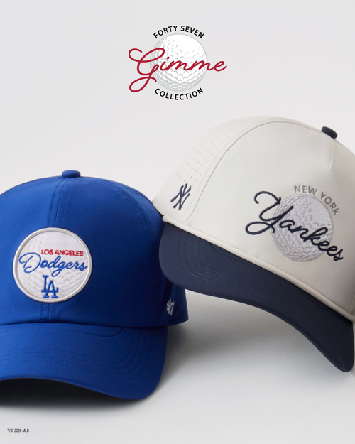 FORTY SEVEN GIMME COLLECTION. Two hats next to each other (dodgers and yankees hats).